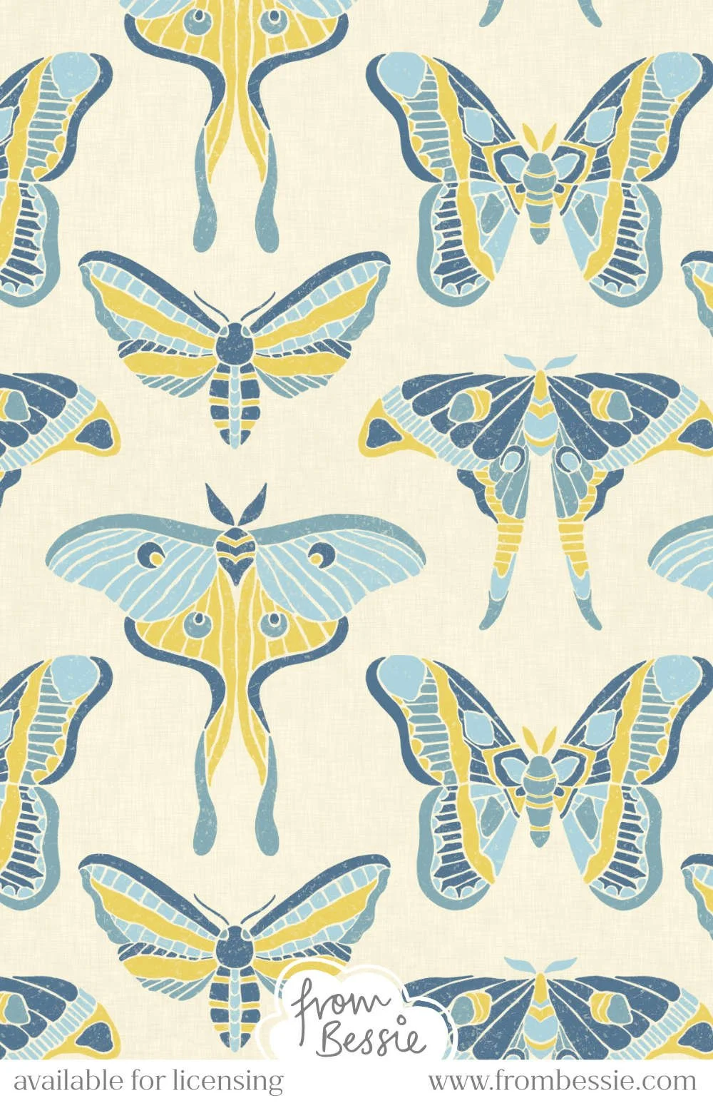 Block print moths in various blues and yellow, all vertically aligned, with rough linen texture on a cream background. Designed by Bessie Ng