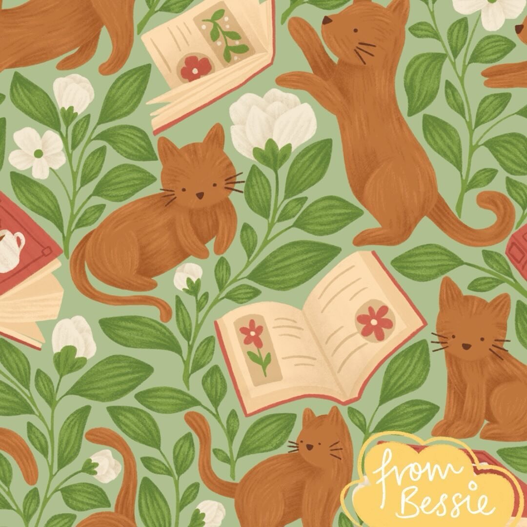 Honestly one of my fave patterns I made 🥹 it&rsquo;s been quite gloomy today so I want to crawl into bed with a book for the rest of the evening✨

#catpattern #camelliasinensis #bookpattern #bookishart #kittenart #patterndesign #patternaday #fabricd