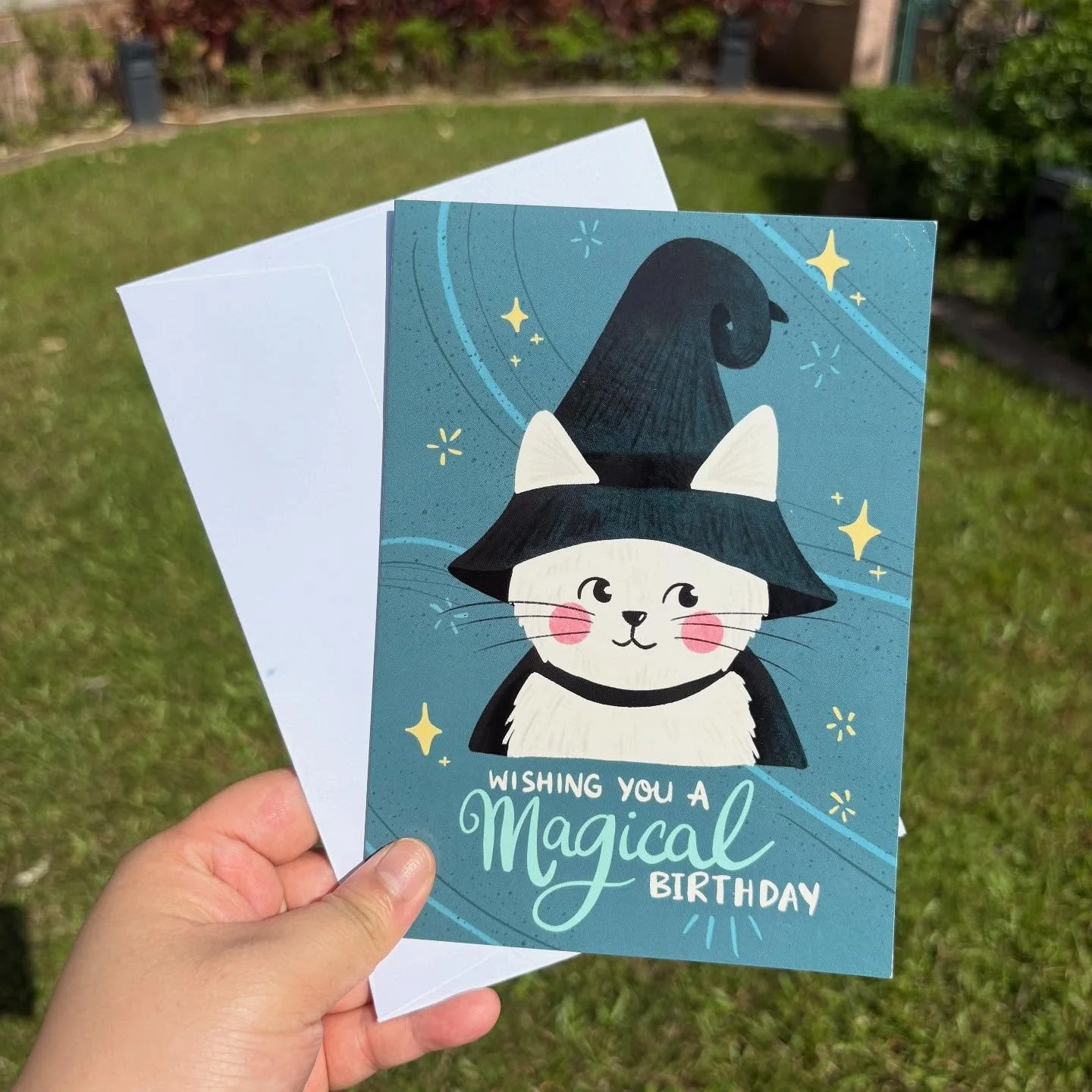 This adorable cat wizard birthday card is now available in my Etsy shop! Perfect for cat lovers, witches, or both 😊 more witchy cards will be released this coming week 👀

Also want to share other feel good greeting cards I sell! 😊 all hand drawn b