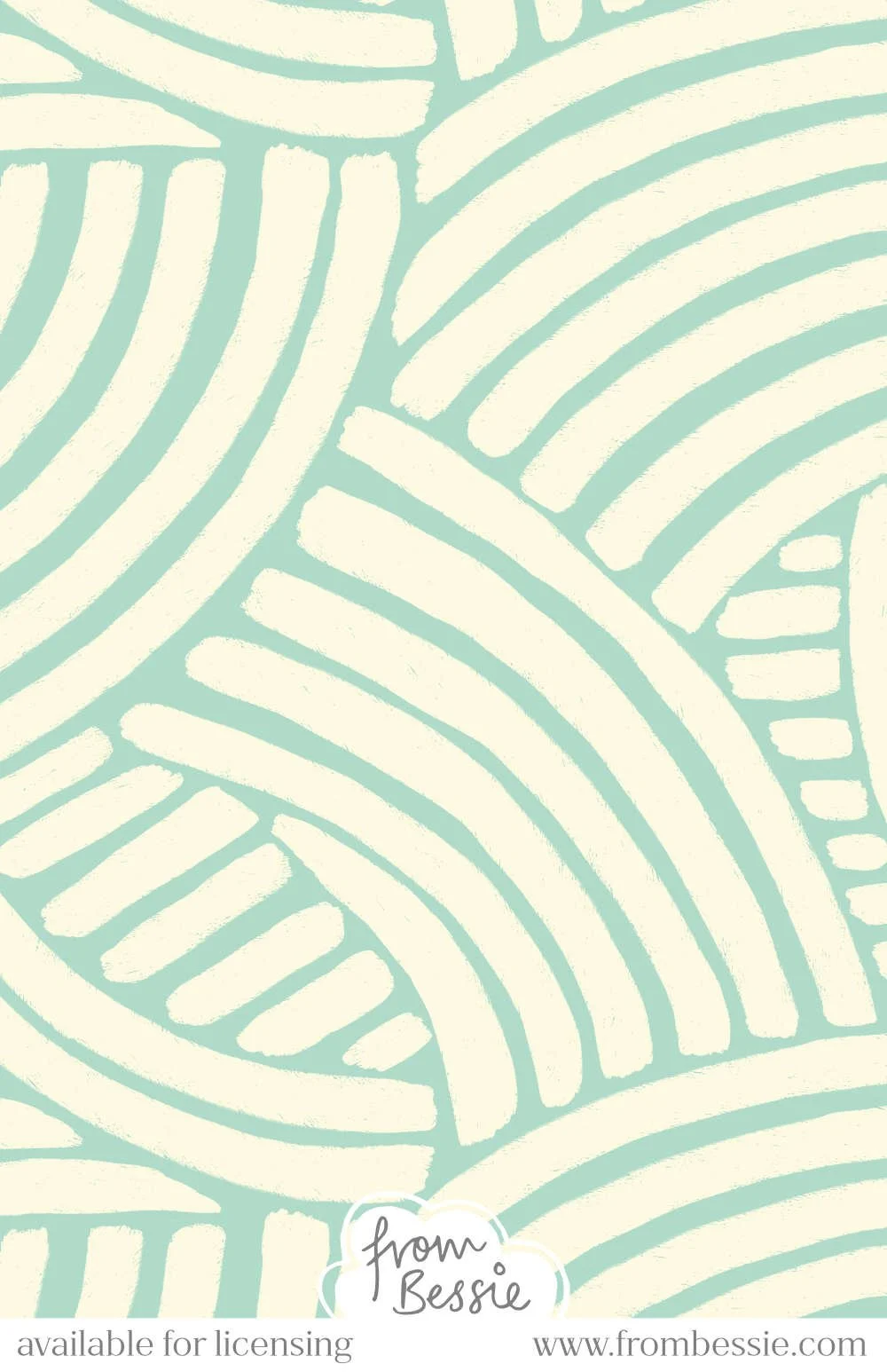 Allover maximalist yet simple pattern with bold, thick, white curved lines in rough pencil texture, arranged to fit together like a puzzle, on a pastel teal green background. Designed by Bessie Ng.