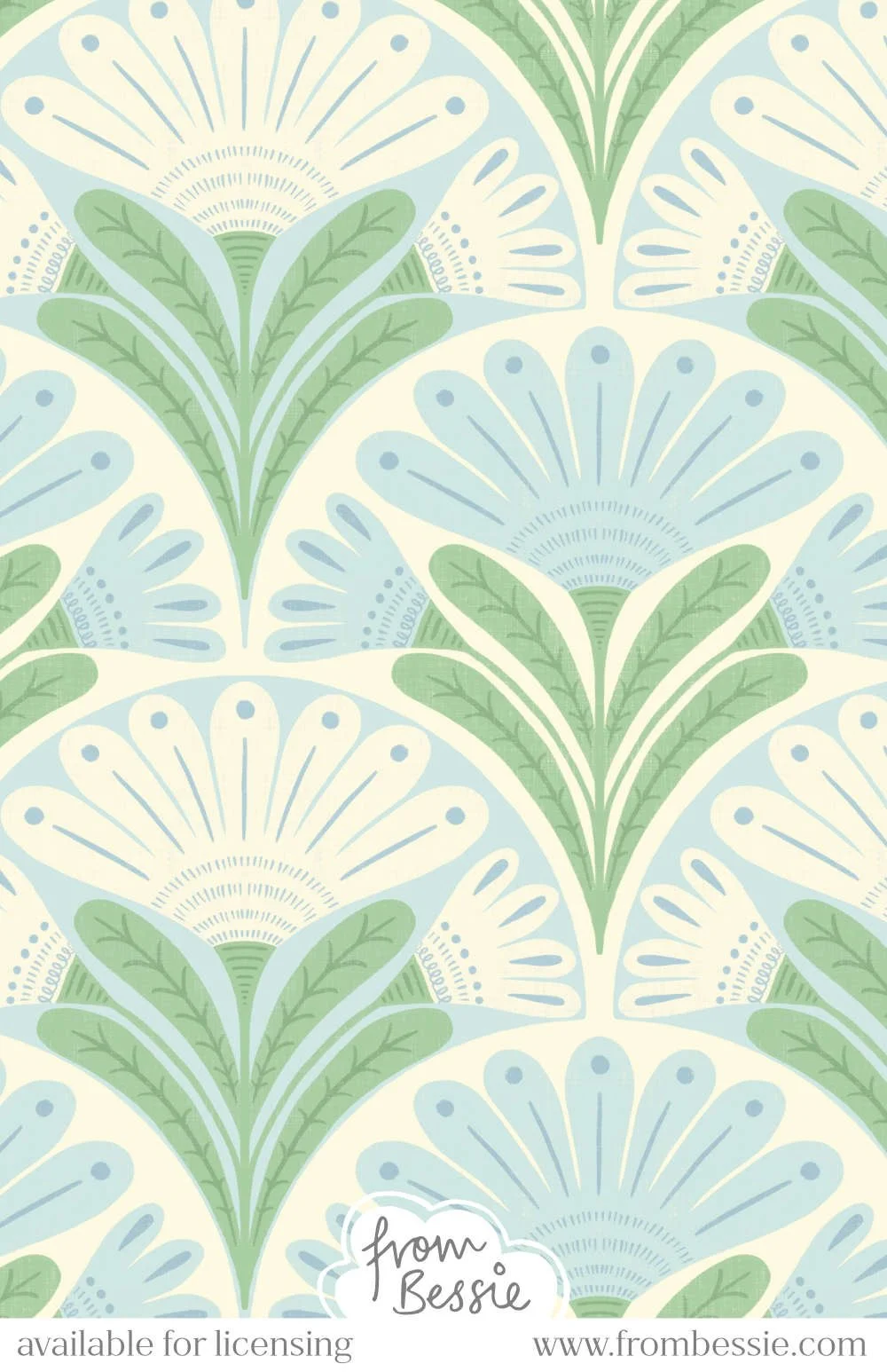 Symmetrical daisies in block print folk art style, in a geometric shell layout, alternatively coloured. Pastel blue and green colours. Designed by Bessie Ng.