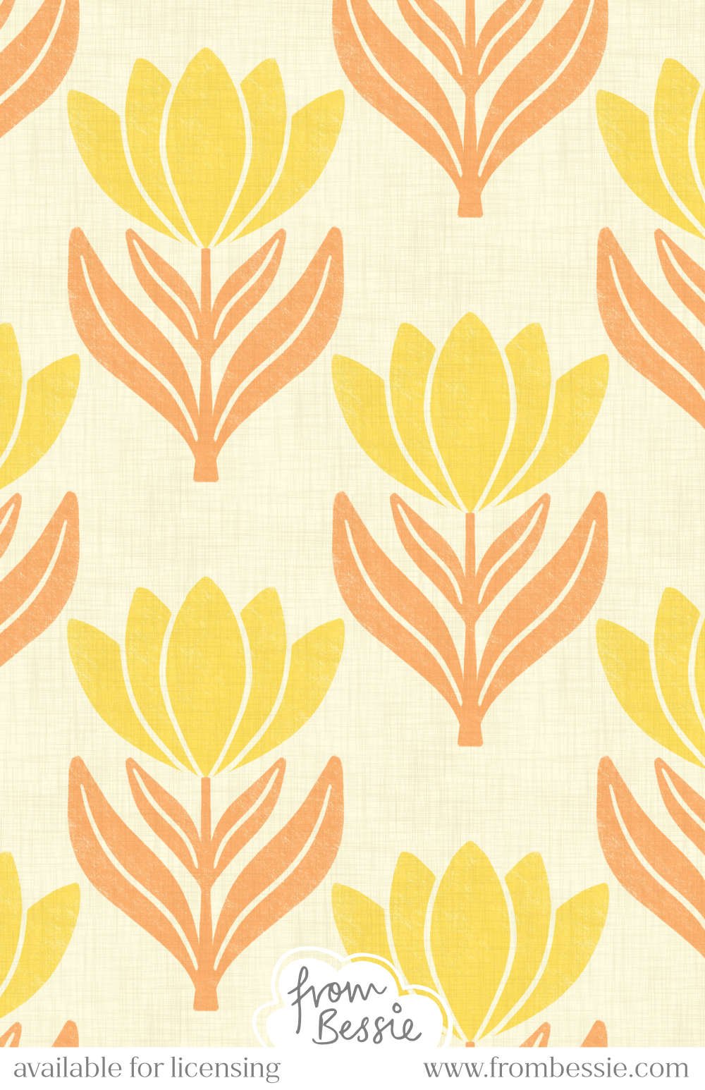 Symmetrical water lily florals, repeated in vertical alignment in yellow & orange, on a cream background with linen textures. Designed by Bessie Ng.