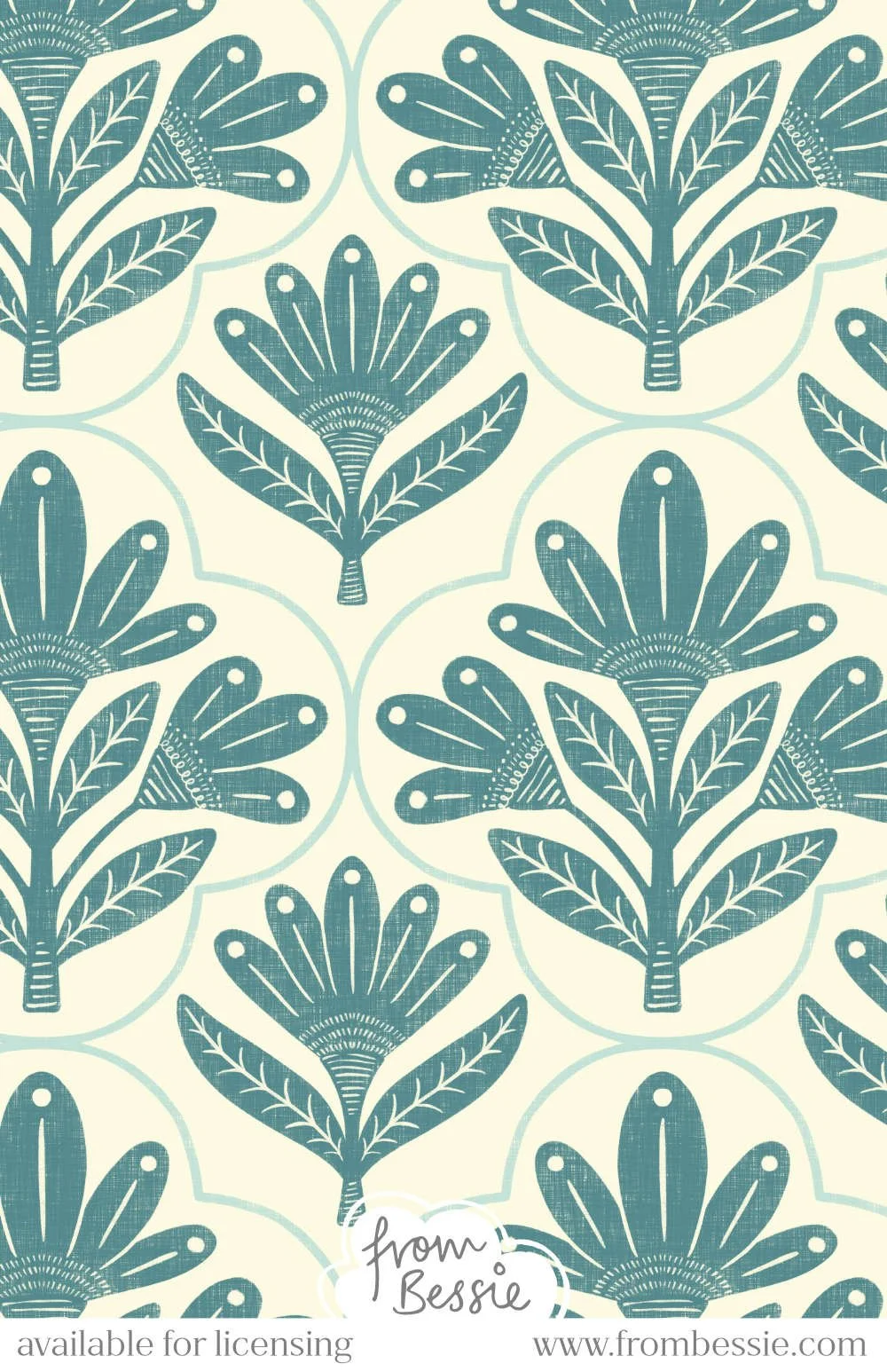 Symmetrical daisies in block print folk art style, in a quatrefoil layout. Dark teal colour on a cream background. Designed by Bessie Ng.