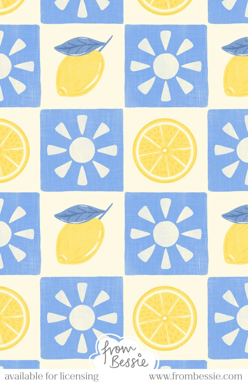 Cobalt blue and cream checkerboard with linen texture, featuring a cream cut-out sun in blue squares and a lemon slice or a whole lemon in white squares. Designed by Bessie Ng.