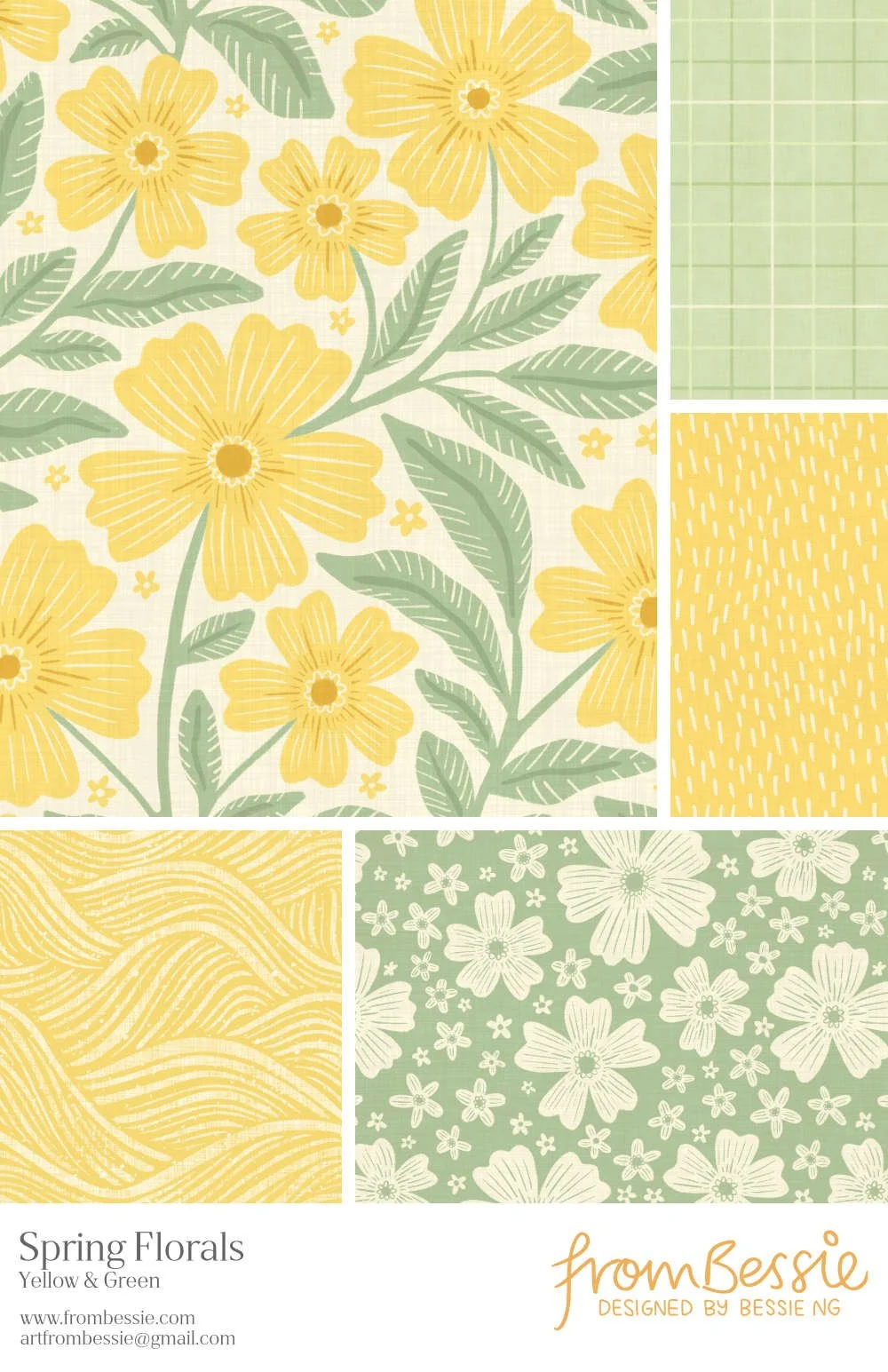 Six whimsical spring floral patterns by Bessie Ng: featuring trailing botanicals, linen grid and pencil mark designs, in pastel yellow and green.