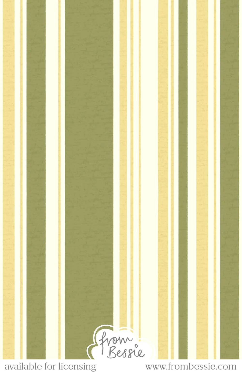 A subtly textured vertical striped seamless pattern with varying widths, creating a modern uneven striped look. Green and gold stripes on a white background. Designed by Bessie Ng.