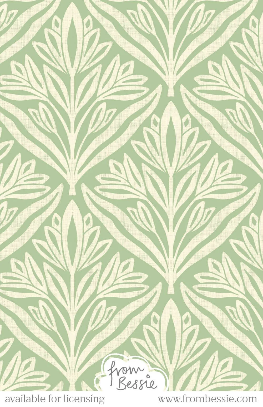 A symmetrical, minimalist seamless pattern with block print wild tulips and leaves in a diamond layout. Textured floral design with a Japandi aesthetic. Off white on sage green background. Designed by Bessie Ng.