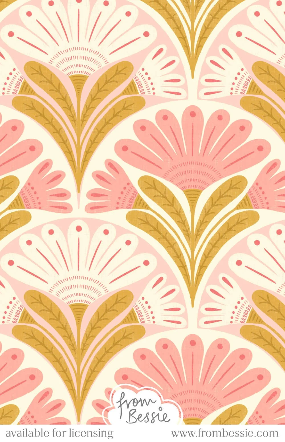 Symmetrical daisies in block print folk art style, in a geometric shell layout, alternatively coloured. Soft pink and khaki brown colours. Designed by Bessie Ng.