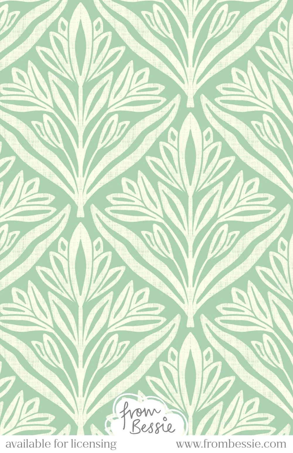 A symmetrical, minimalist seamless pattern with block print wild tulips and leaves in a diamond layout. Textured floral design with a Japandi aesthetic. Off white on pastel teal aqua background. Designed by Bessie Ng.