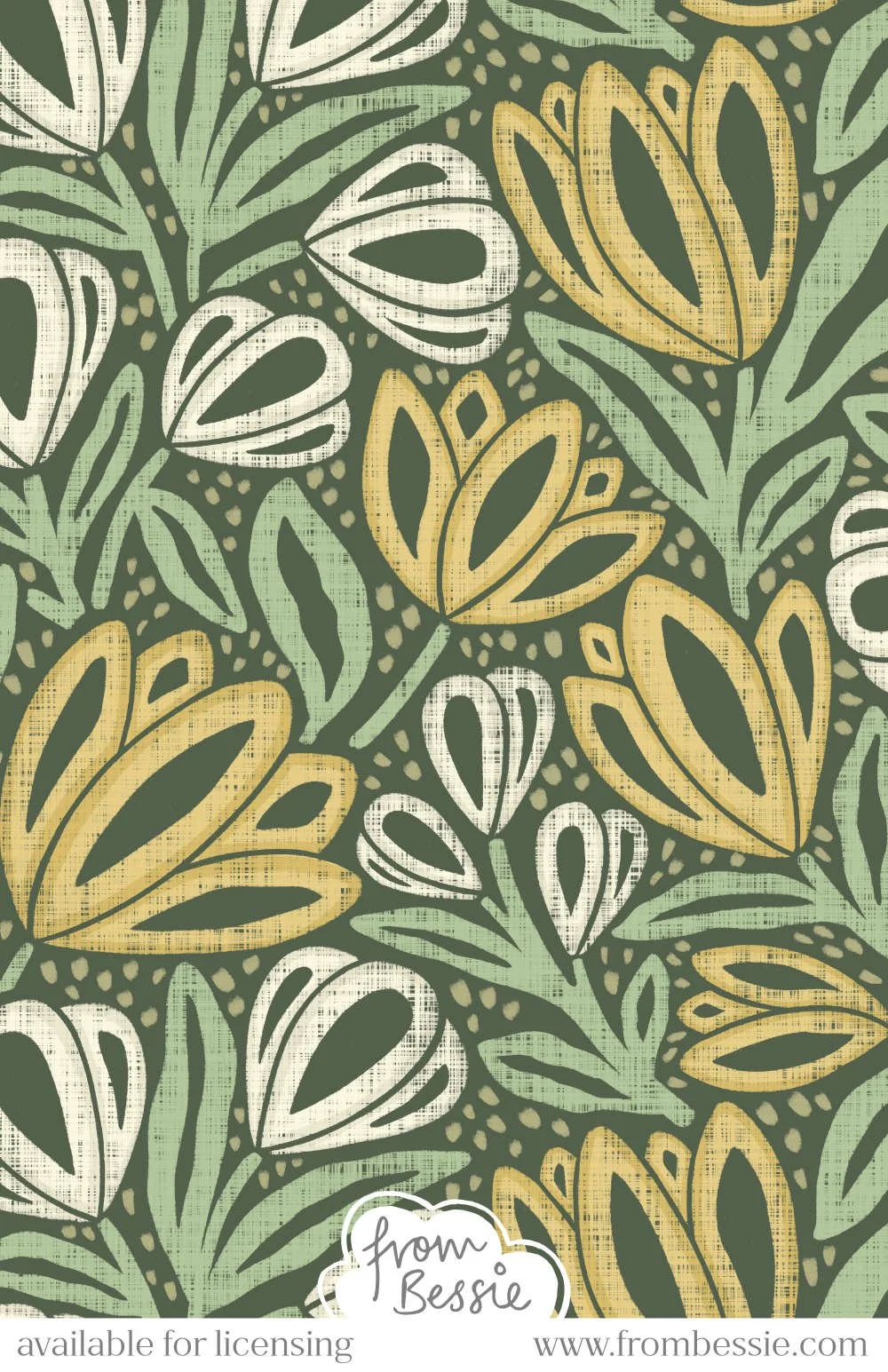 A dense, allover seamless pattern with block print inspired florals with a Scandinavian vibe. Maximalist bold floral shapes with dots in empty spaces. Yellow and White on forest green. Designed by Bessie Ng.