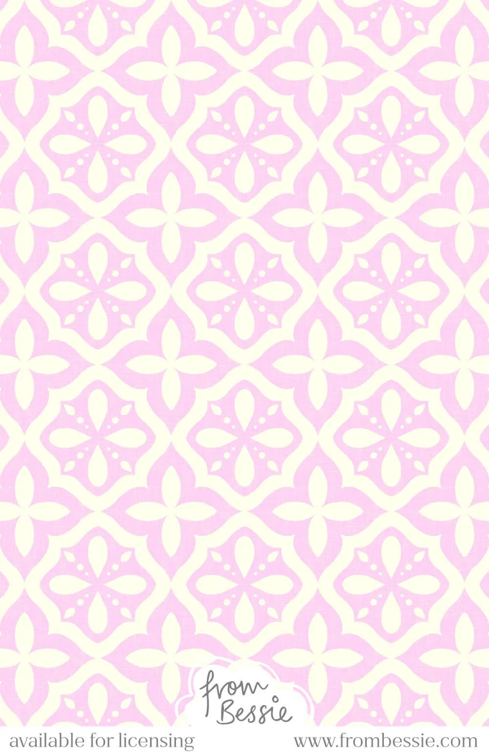 A linen textured seamless pattern with arabesque coastal symmetrical tiles in a diamond layout, with a minimalist monochrome style. In white and pastel pink. Designed by Bessie Ng.