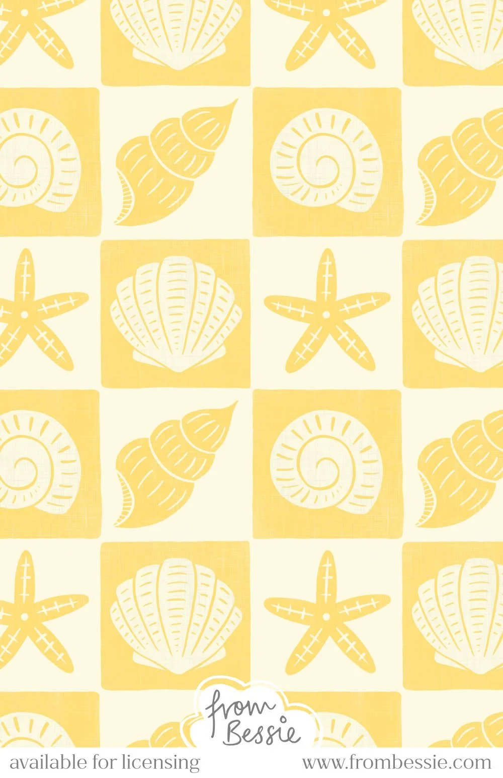 Repeating checkerboard pattern in yellow and cream featuring block-print seashells, including starfish, conch shells, and whelks. Designed by Bessie Ng.