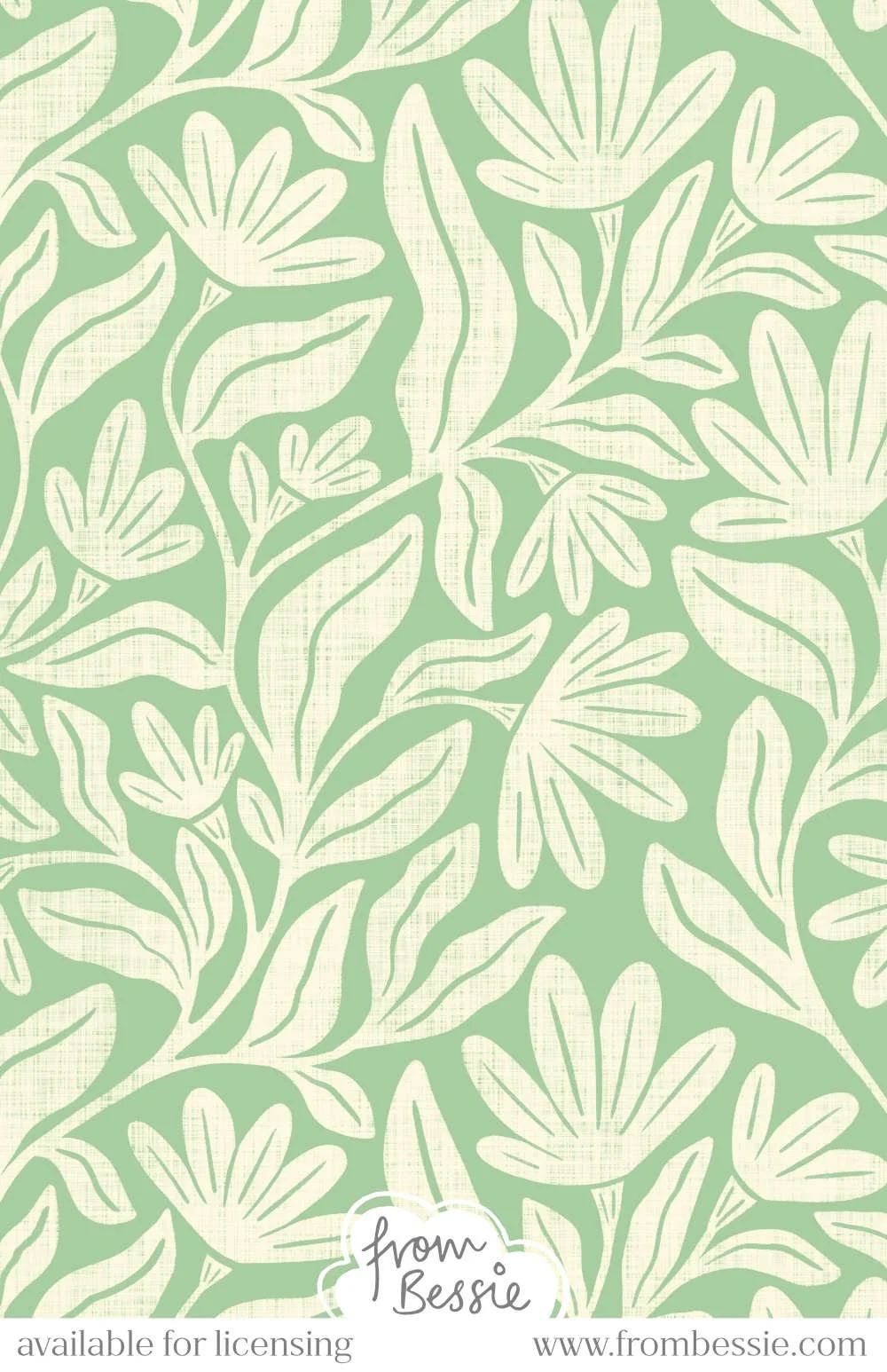 Allover pattern with trailing block print daisy flowers, leaves and vines in cream white on a pastel sage green background. Designed by Bessie Ng.