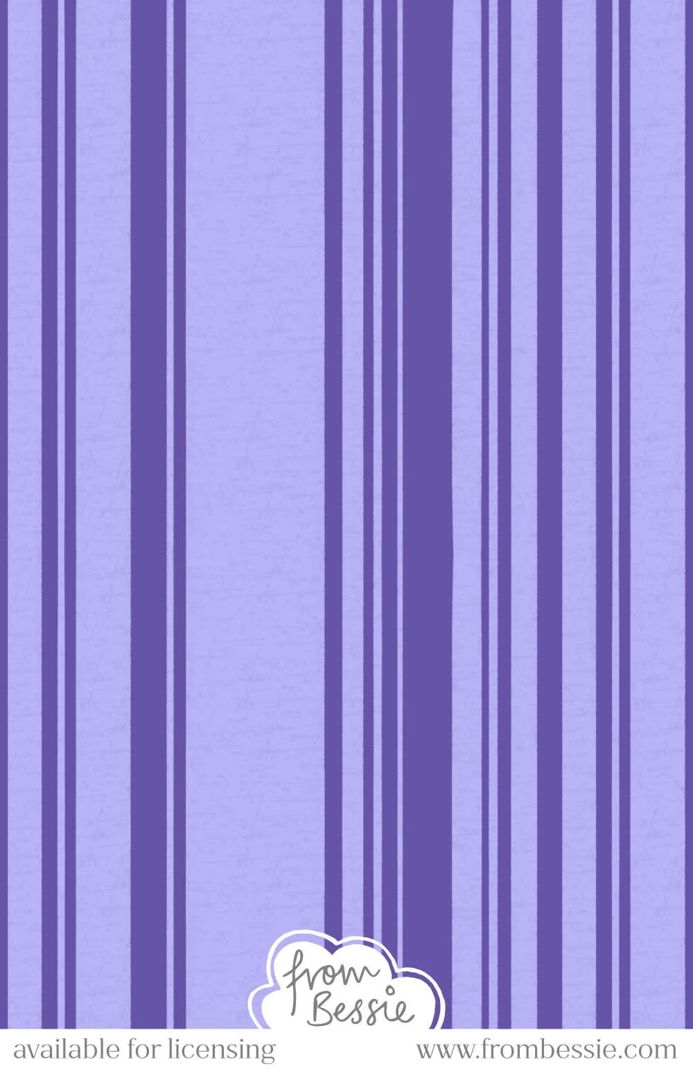 A subtly textured vertical striped seamless pattern with varying widths, creating a modern uneven striped look. Dark and pale purple stripes on a white background. Designed by Bessie Ng.