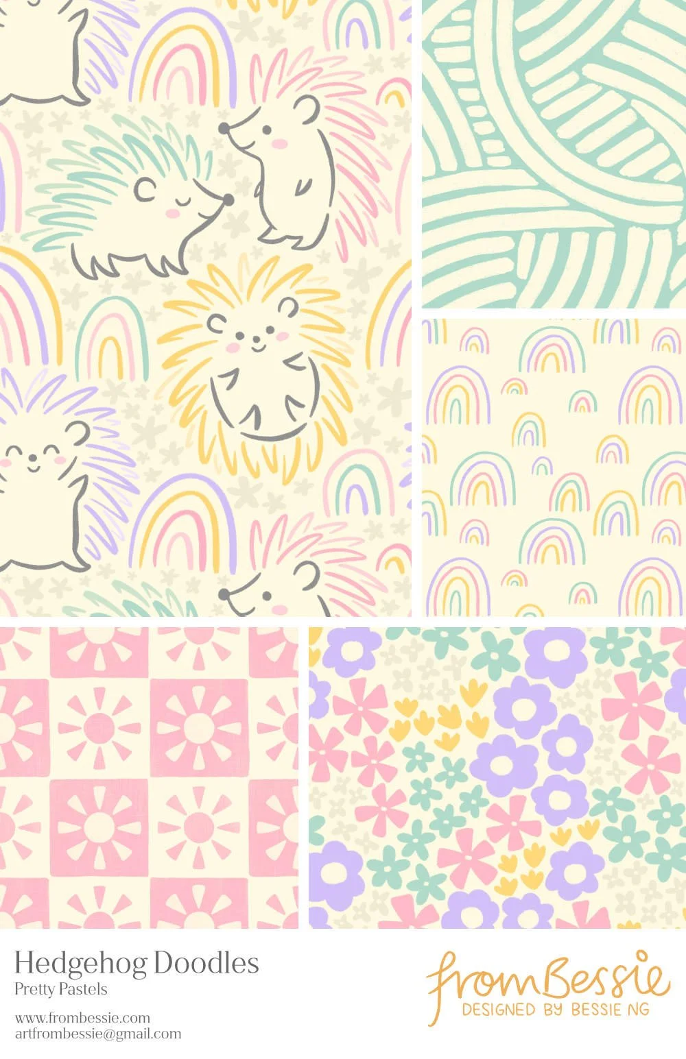 Five retro nostalgic patterns by Bessie Ng: featuring hedgehog doodles, sun checkerboards, ditsy florals and rainbows, in preppy pastel colours.