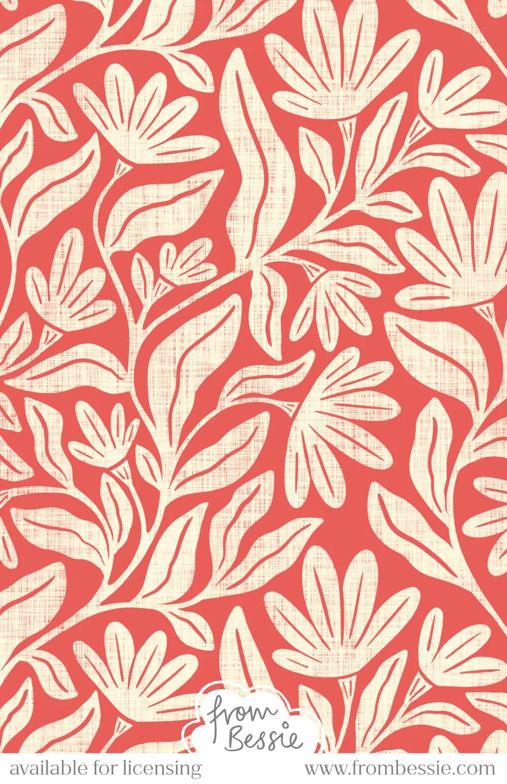 Allover pattern with trailing block print daisy flowers, leaves and vines in cream white on a crimson red background. Designed by Bessie Ng.