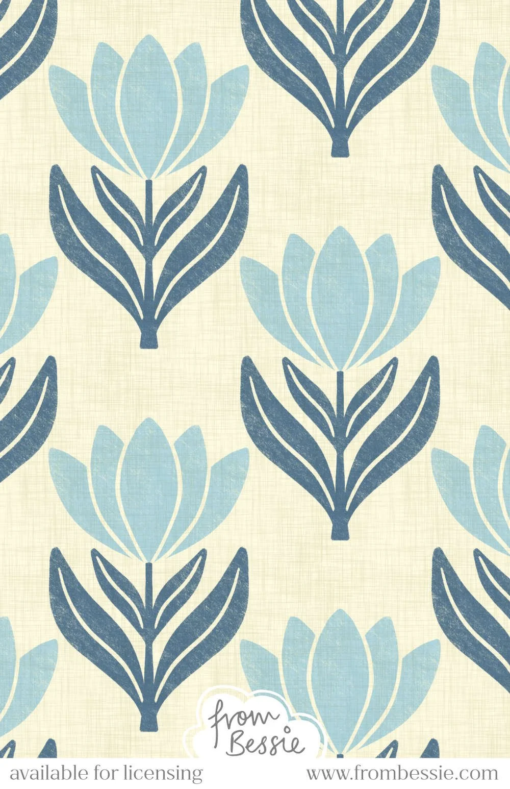 Symmetrical water lily florals, repeated in vertical alignment in navy and sky blue, on a cream background with linen textures. Designed by Bessie Ng.