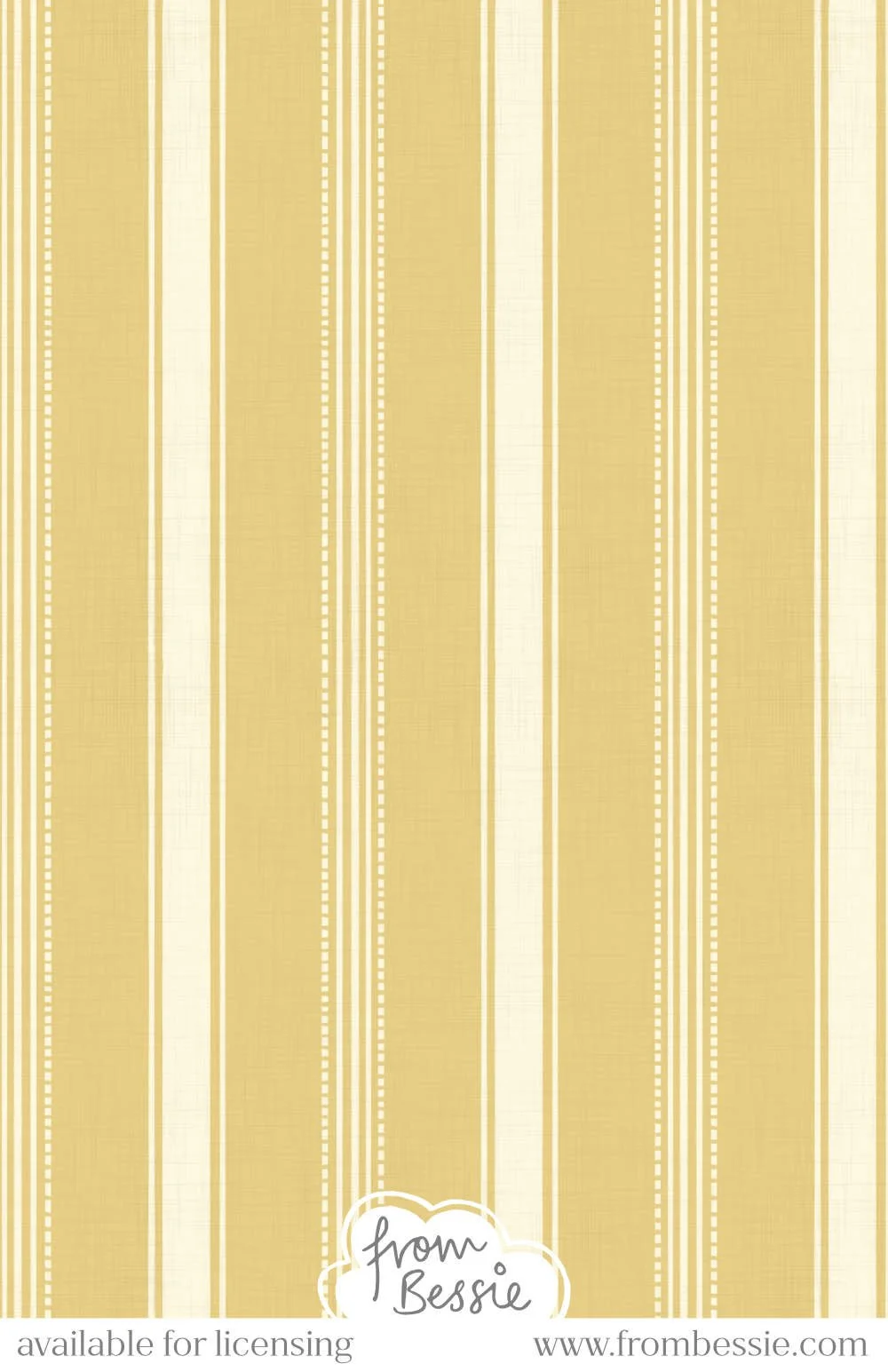 A linen textured, minimalist seamless pattern with hand drawn ticking stripes. Alternative thick stripe with 3 thinner stripes, in vertical orientation. In mustard yellow and white. Designed by Bessie Ng.