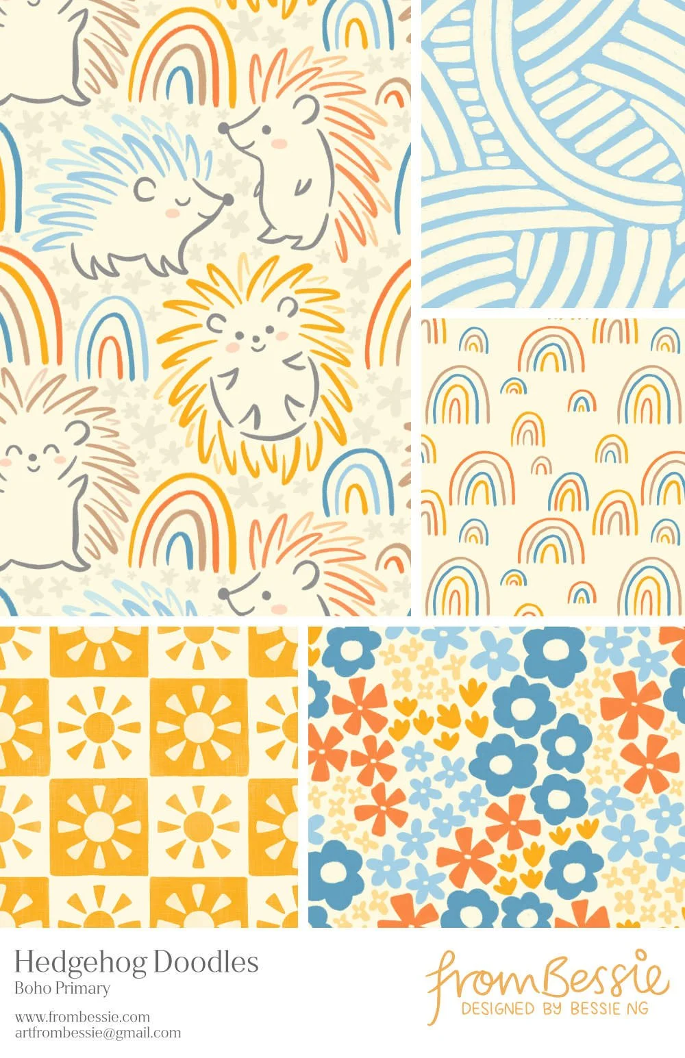 Five retro nostalgic patterns by Bessie Ng: featuring hedgehog doodles, sun checkerboards, ditsy florals and rainbows, in boho primary colours.