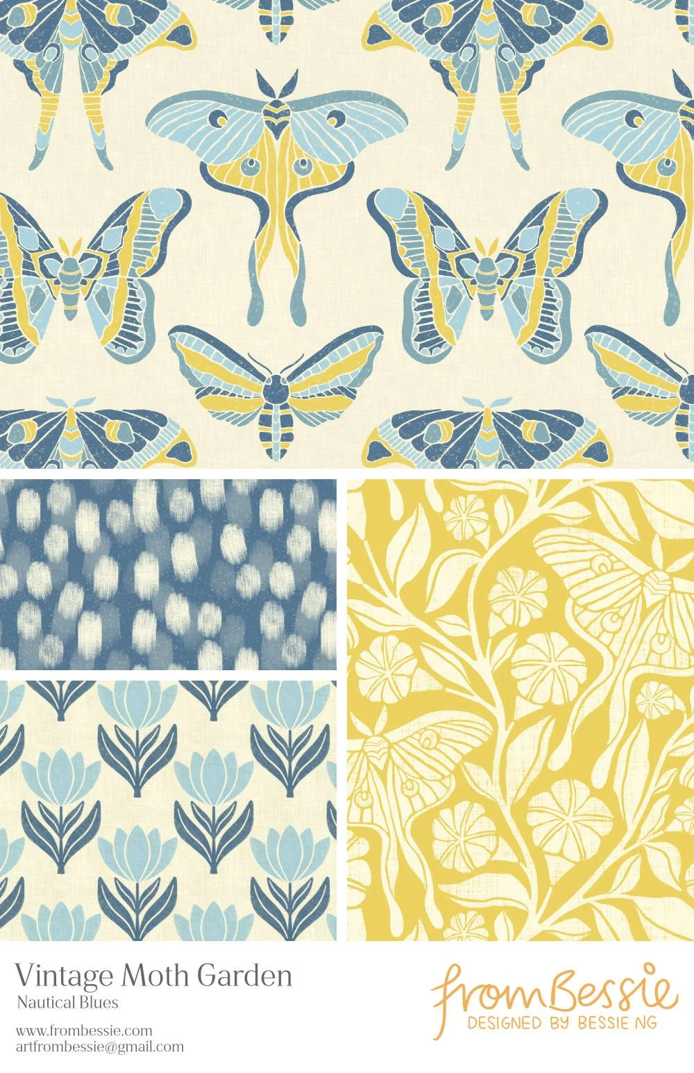 Four rustic block print patterns by Bessie Ng: featuring various moths including luna moth, moonflowers, tulips and gouache polka dots. In nautical blue and yellow.