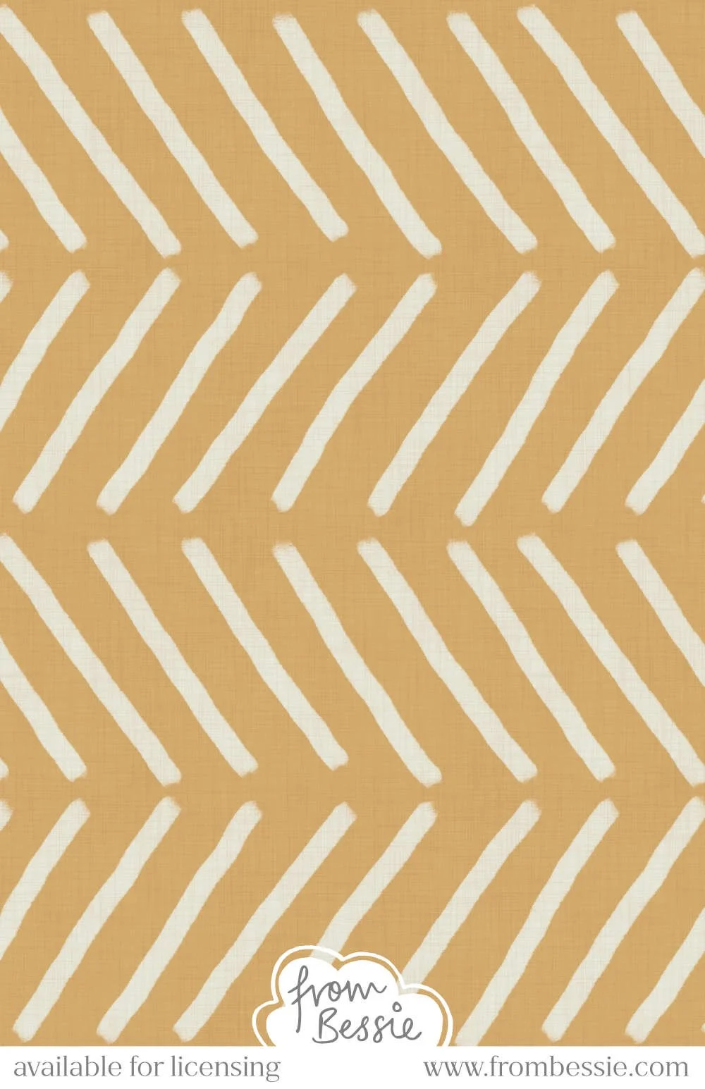 A linen textured, minimalist seamless pattern with hand drawn diagonal lines arranged horizontally, resembling mudcloth design. Off white lines on orange ochre background. Designed by Bessie Ng.