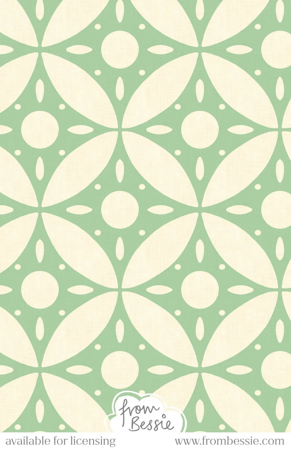 An abstract mid century modern geometric seamless pattern with large circles and diamonds. Pastel pistachio green with white colours. Designed by Bessie Ng.