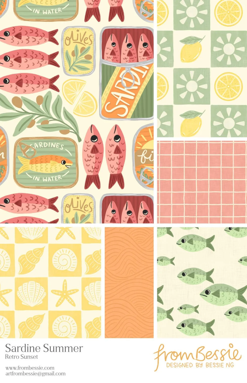 Six retro 'Sardine Summer' patterns by Bessie Ng: cartoon sardines, cans, lemon/seashell checkerboards, windowpane, waves, and swimming motifs in red, orange, and sage green.