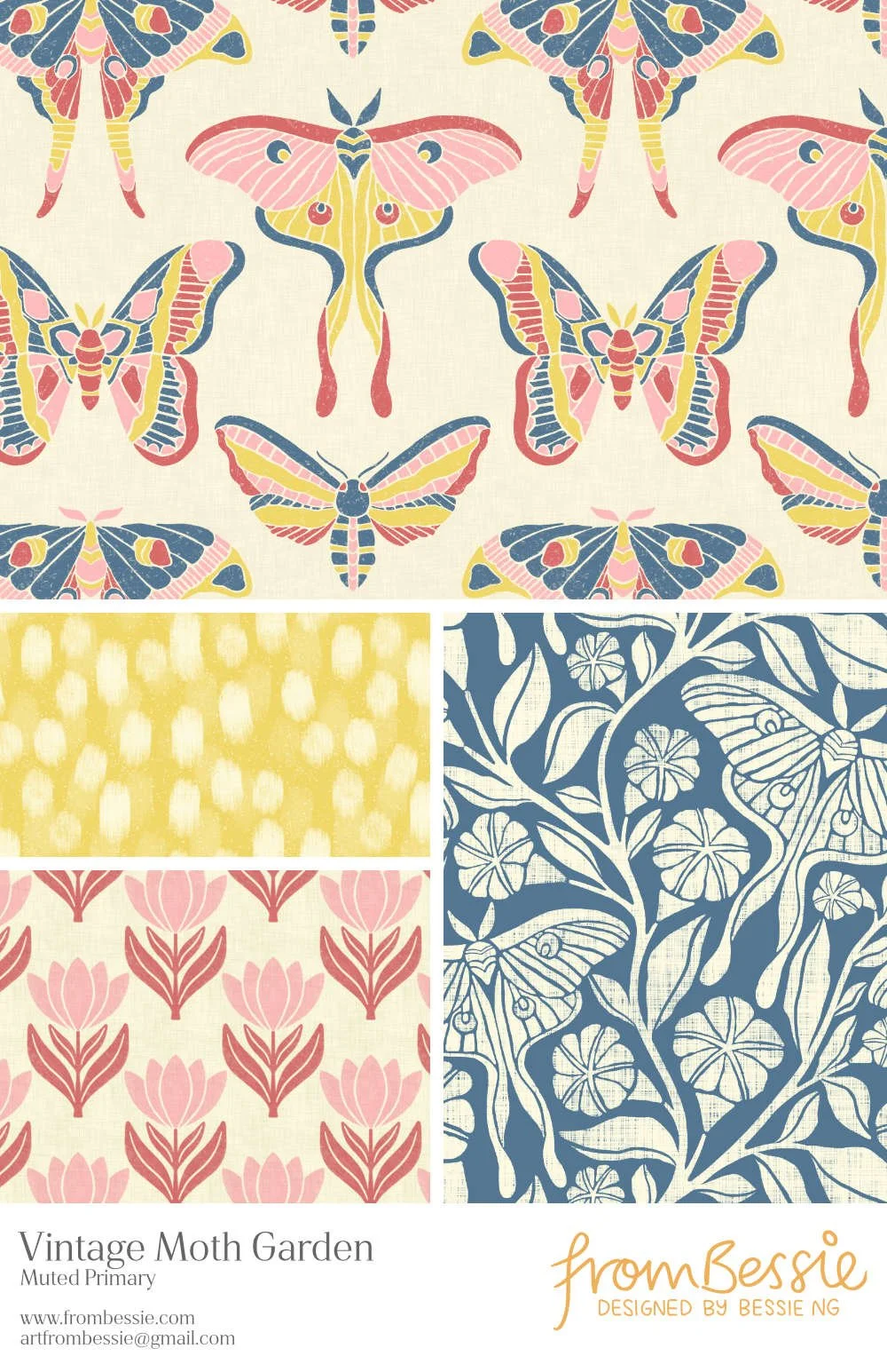 Four rustic block print patterns by Bessie Ng: featuring various moths including luna moth, moonflowers, tulips and gouache polka dots. In muted primary colours.