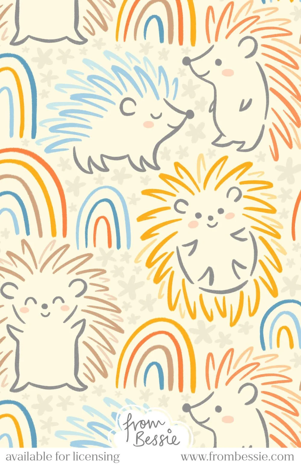 Allover pattern with smiling hedgehog doodles in pencil, freehand simple rainbows and soft abstract florals. In retro primary colours on cream background. Designed by Bessie Ng