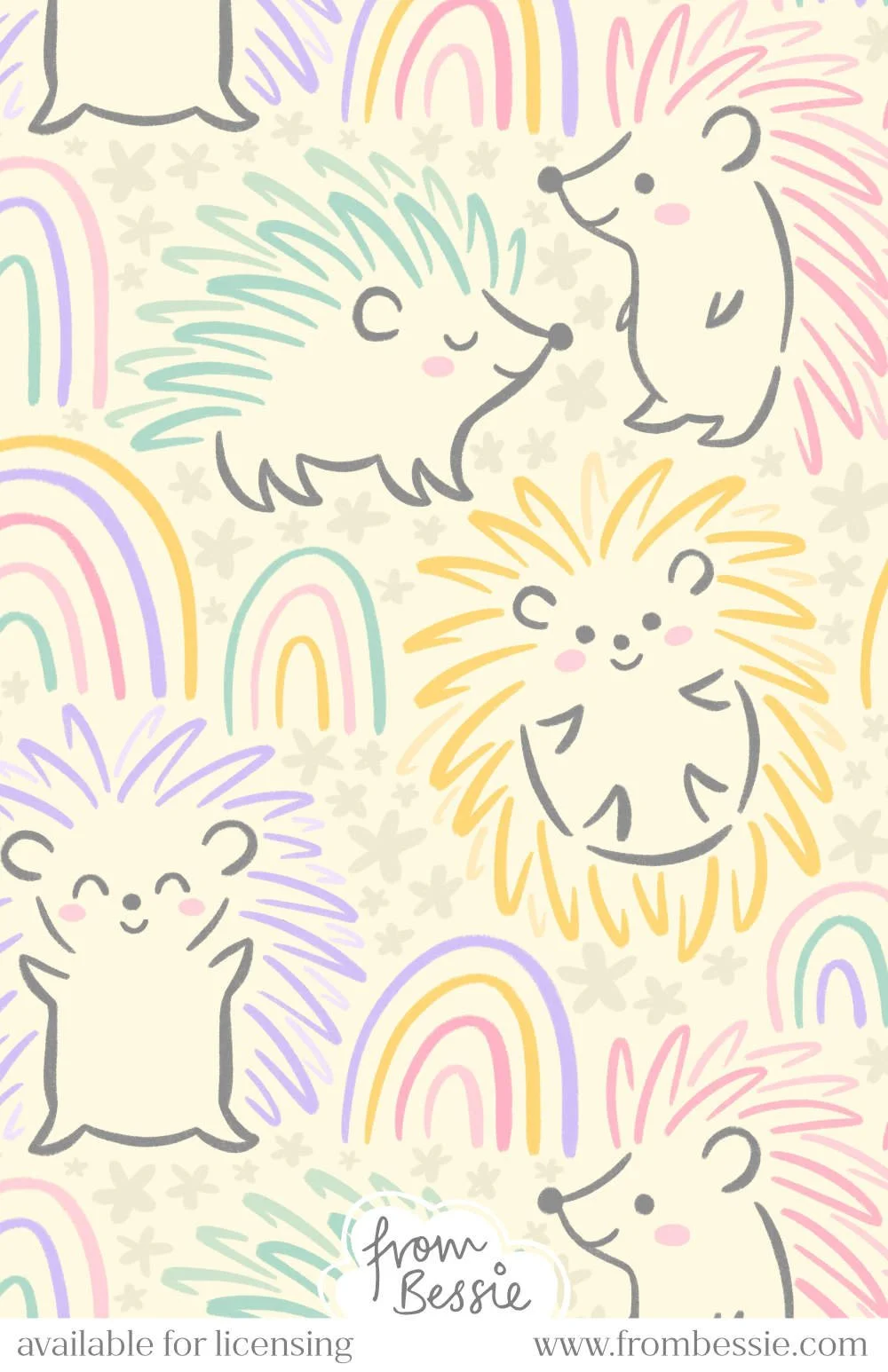 Allover pattern with smiling hedgehog doodles in pencil, freehand simple rainbows and soft abstract florals. In light pastel colours on cream background. Designed by Bessie Ng