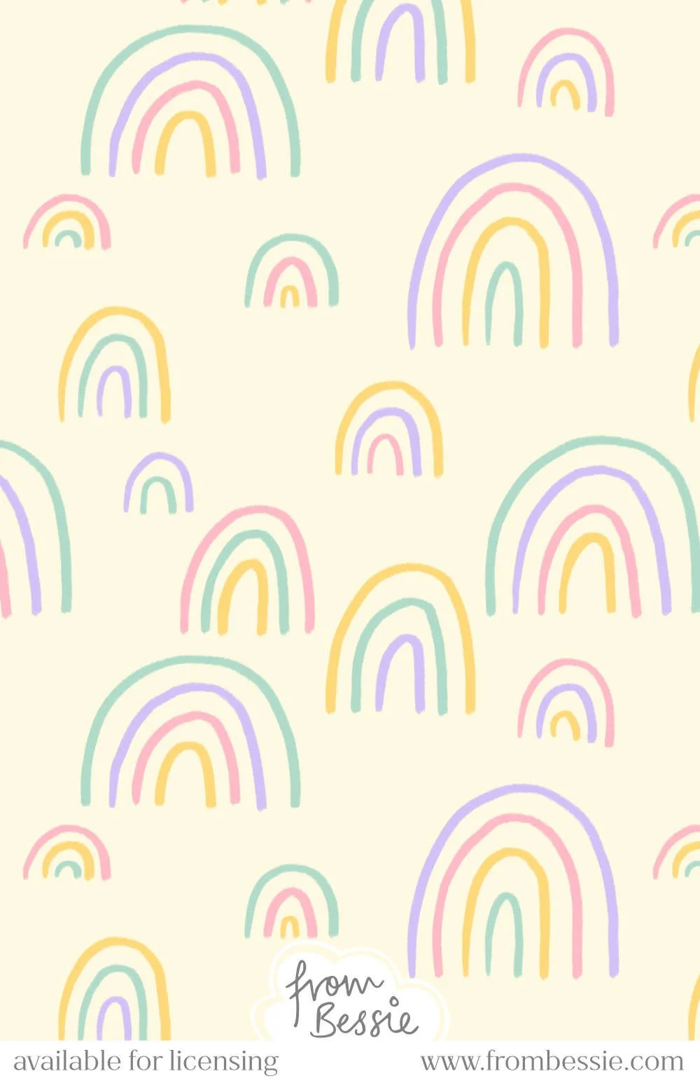 A simple, minimalist pattern with freehand rainbows line work, made up of 3 to 5 arched curves, with lots of empty space. Light pastels on a cream background. Designed by Bessie Ng.