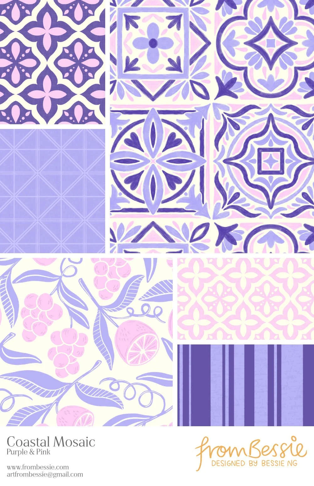 Six seamless repeat patterns by Bessie Ng: featuring Portuguese mosaic tiles, geometrics and grids, and a grape and lemon botanical design. In white, pink, and purple.