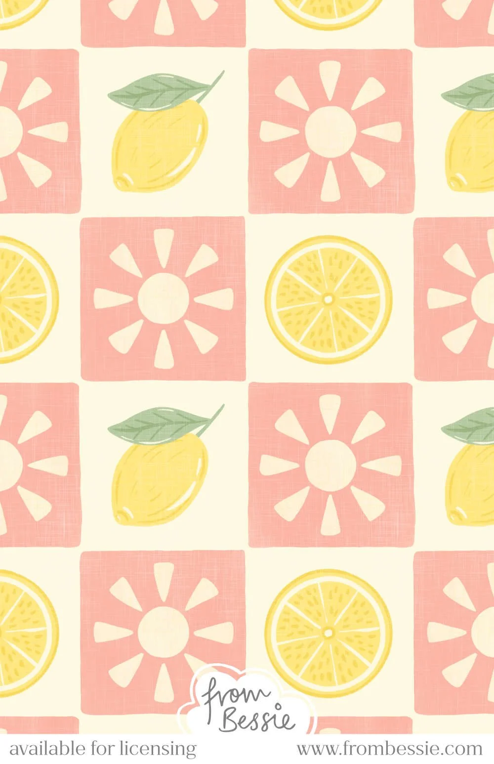 Pastel pink and cream checkerboard with linen texture, featuring a cream cut-out sun in pink squares and a lemon slice or a whole lemon in white squares. Designed by Bessie Ng.