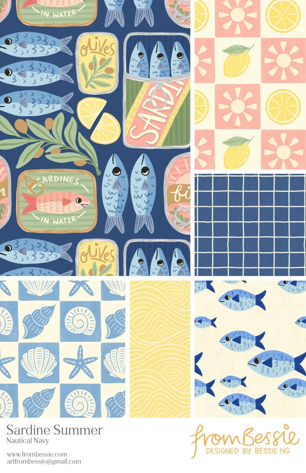 Six retro 'Sardine Summer' patterns by Bessie Ng: cartoon sardines, cans, lemon/seashell checkerboards, windowpane, waves, and swimming motifs in blue, pink, and yellow.