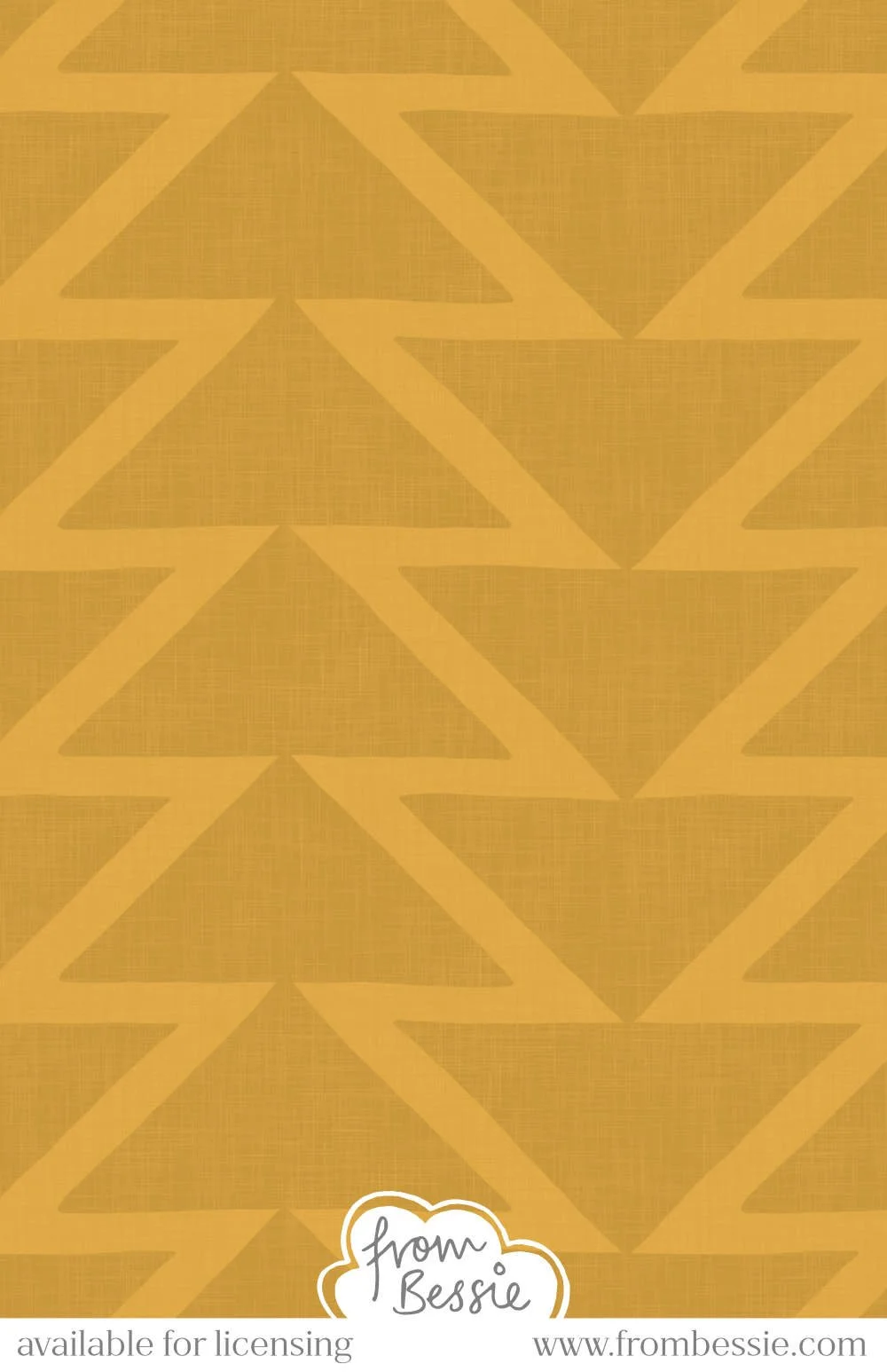 Allover geometric mid mod pattern with vertical rows of triangles, alternative rows facing up and down, in gold khaki and caramel brown. Designed by Bessie Ng