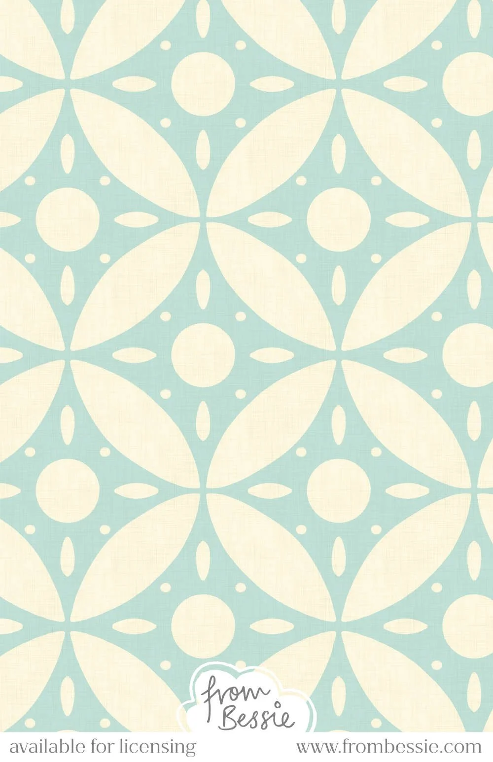 An abstract mid century modern geometric seamless pattern with large circles and diamonds. Pastel blue aqua with white colours. Designed by Bessie Ng.