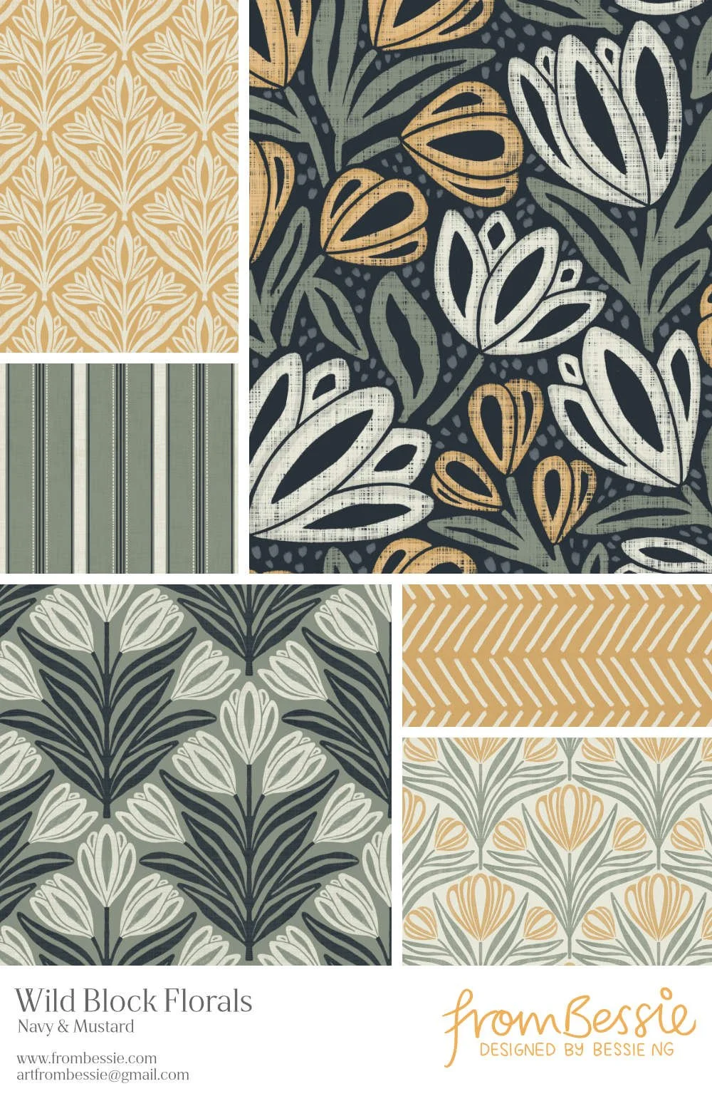 Six block print inspired patterns by Bessie Ng: featuring symmetrical florals, a dense botanical pattern, and ticking stripes, in a navy blue and mustard yellow colour scheme.