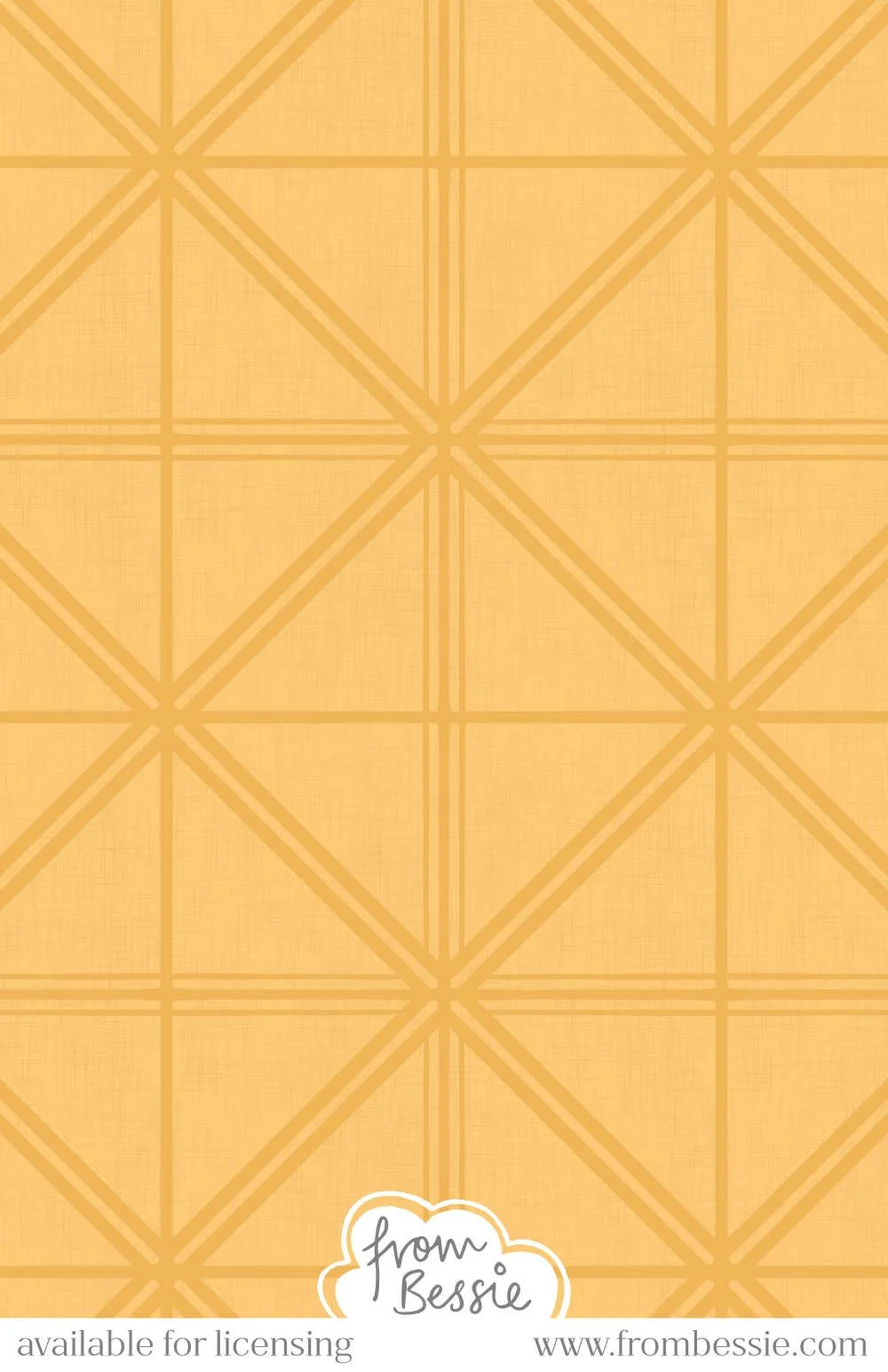 A linen textured geometric seamless pattern with square tiles and lines crossing horizontal, vertical, and diagonal, creating a diamond layout. A simple, monochromatic orange ochre pattern. Designed by Bessie Ng.