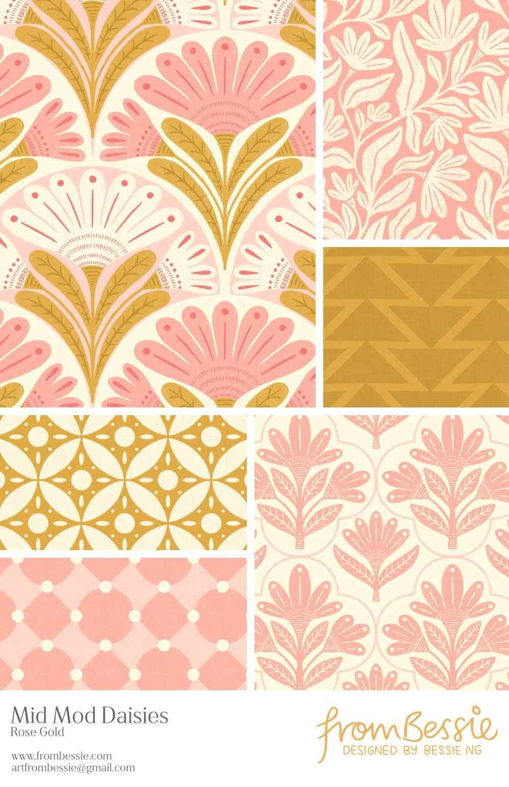 Six ‘Mid ‘Mod Floral’ patterns by Bessie Ng: featuring symmetrical folk art daisy motifs in geometric layouts, in rose pink and gold brown.