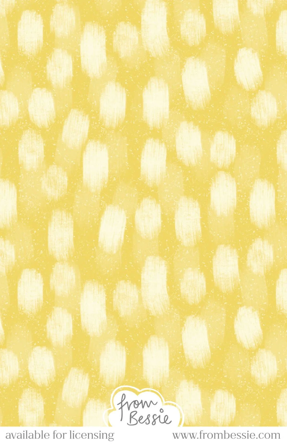 Allover abstract textured pattern with organic, gouache paintbrush stroke polka dots in cream white, on a mustard gold yellow background. Designed by Bessie Ng
