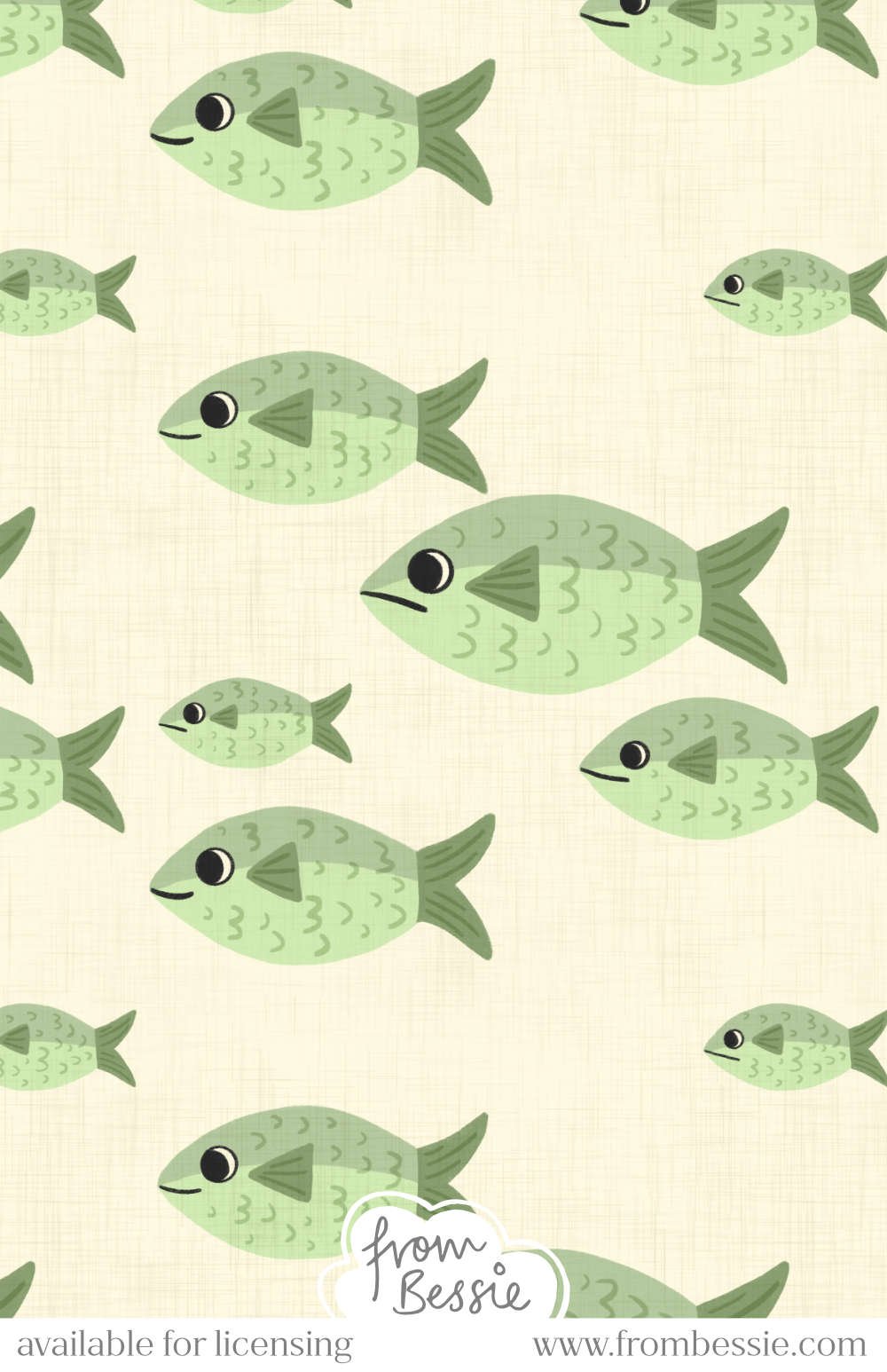 Randomly scattered, horizontal cute sardines in sage and olive green, fish are of varying sizes, all facing left, on a cream background. Designed by Bessie Ng.