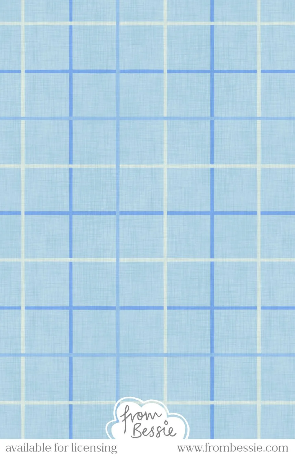 A plaid pattern with a pastel blue background, with cream and cobalt blue grid lines, and an overlaying rough linen texture. Designed by Bessie Ng