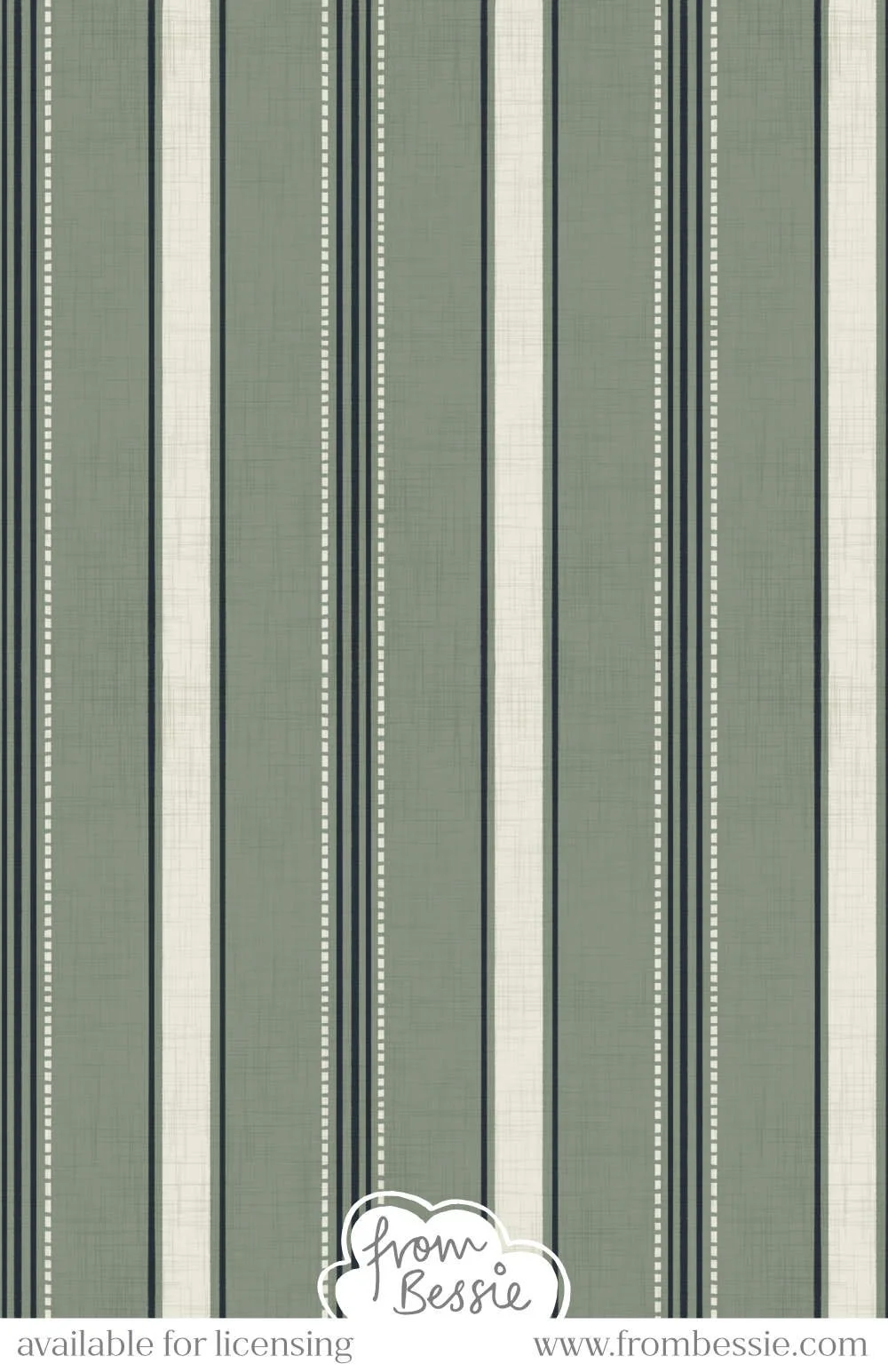 A linen textured, minimalist seamless pattern with hand drawn ticking stripes. Alternative thick stripe with 3 thinner stripes, in vertical orientation. White and navy blue on grey. Designed by Bessie Ng.