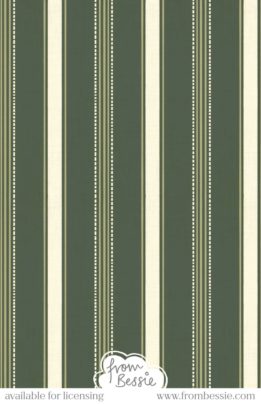A linen textured, minimalist seamless pattern with hand drawn ticking stripes. Alternative thick stripe with 3 thinner stripes, in vertical orientation. In white and sage green on dark forest green. Designed by Bessie Ng.