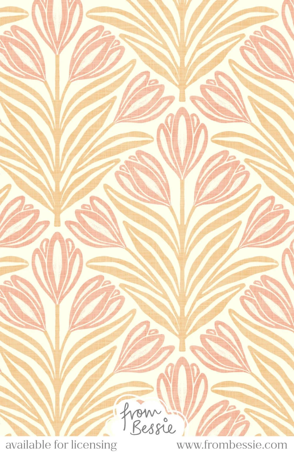 A symmetrical, dense seamless pattern with block print crocus and leaves in a diamond layout. Textured allover design with a Scandi aesthetic. Pink and khaki on cream. Designed by Bessie Ng.