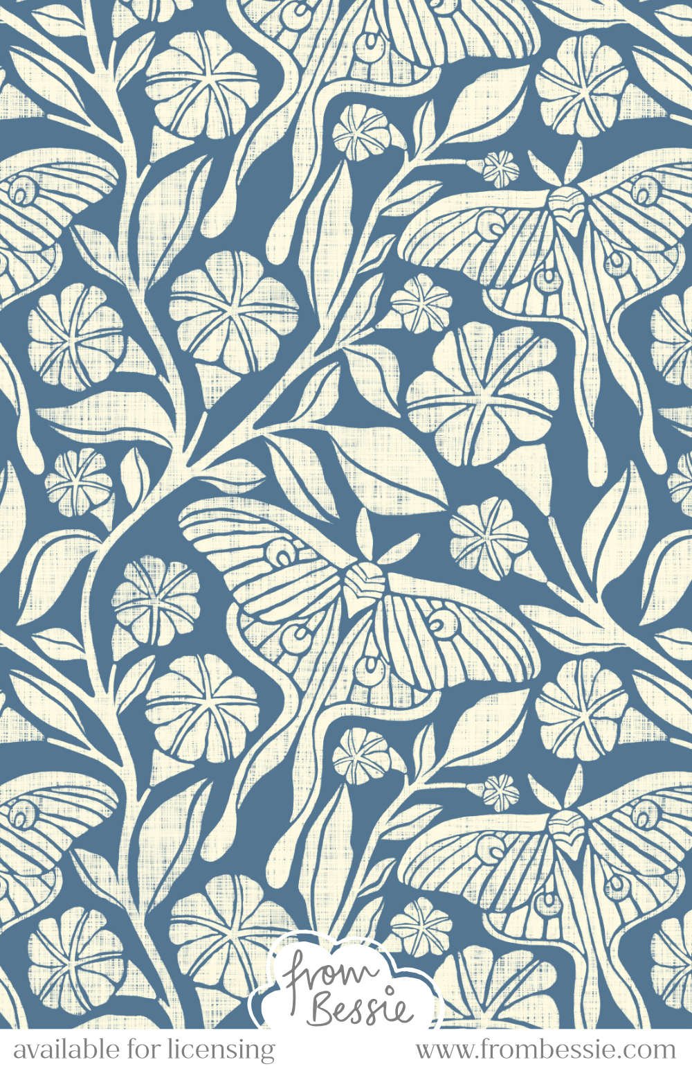 A flowing, trailing pattern with block print white moths and moonflowers, on a navy blue background, in rough linen texture. Designed by Bessie Ng.