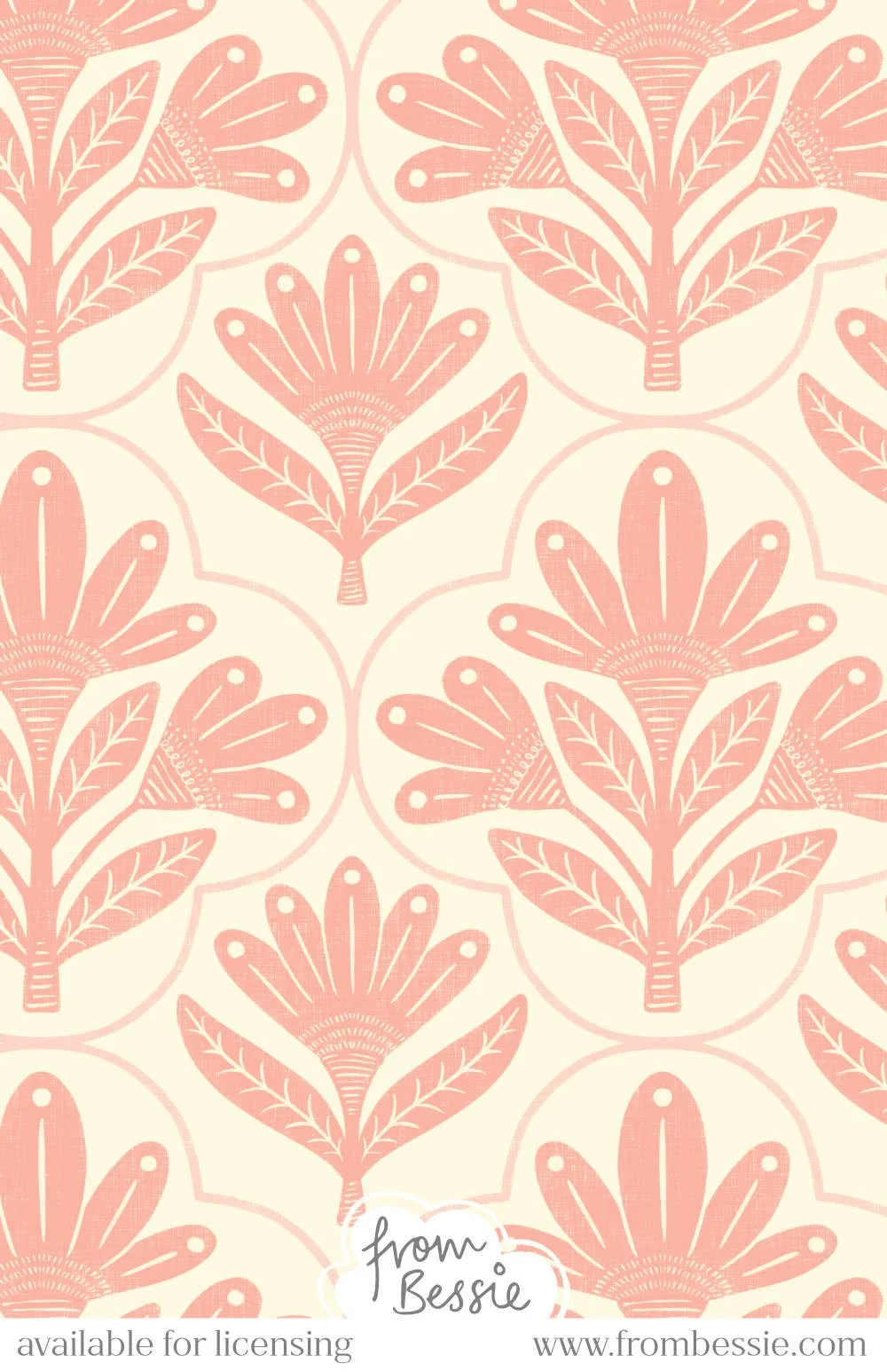 Symmetrical daisies in block print folk art style, in a quatrefoil layout. Pastel baby pink on a cream background. Designed by Bessie Ng.