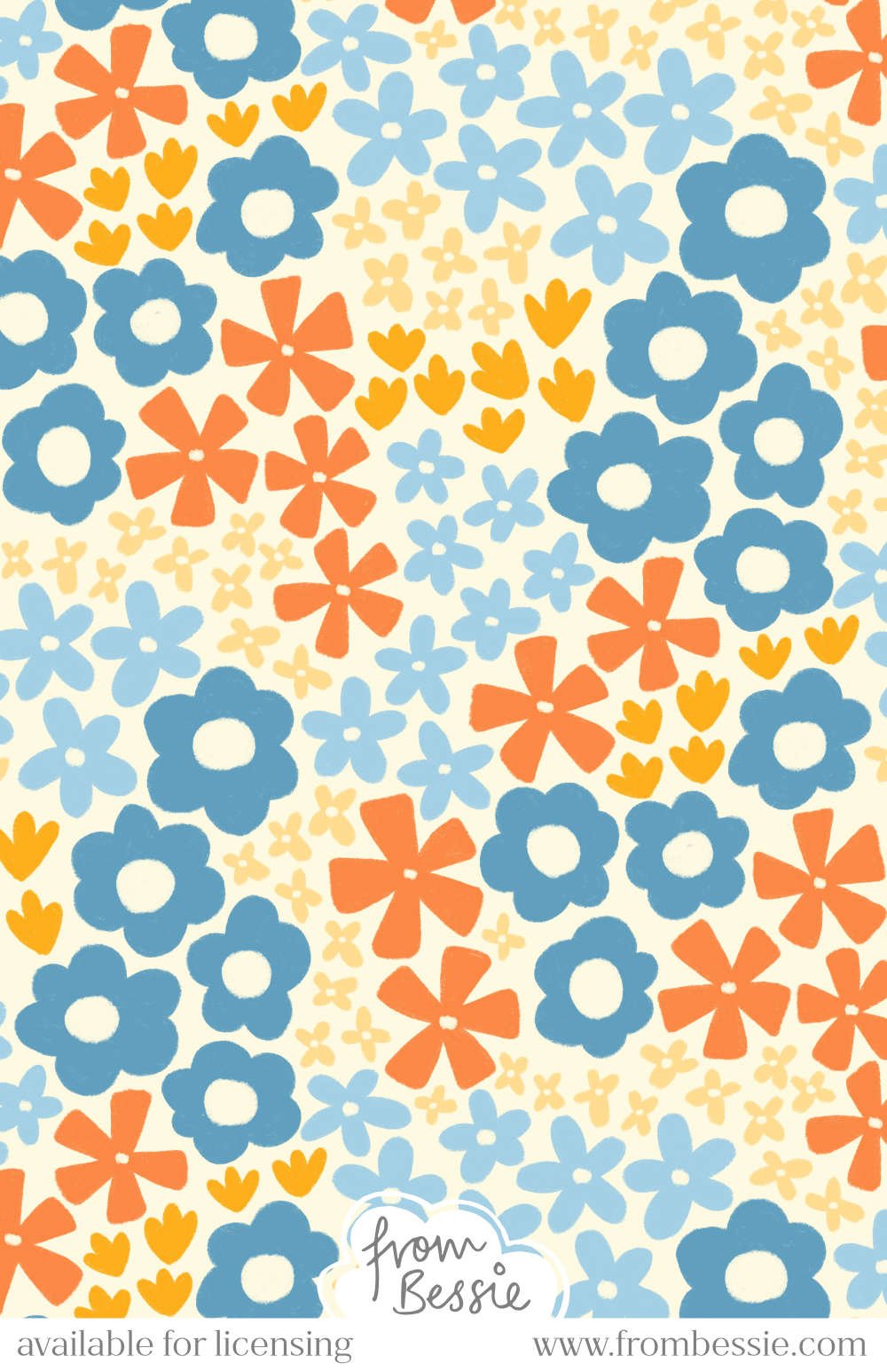 Allover dense maximalist pattern with ditsy, non-directional florals of various kinds, hand-drawn with rough pencil texture, in blues, oranges and yellow, on a cream background. Designed by Bessie Ng.