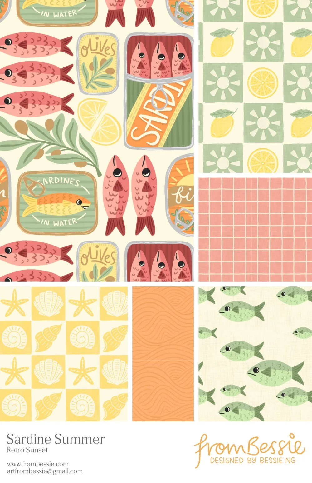 Six retro 'Sardine Summer' patterns by Bessie Ng: cartoon sardines, cans, lemon/seashell checkerboards, windowpane, waves, and swimming motifs in red, orange, and sage green.