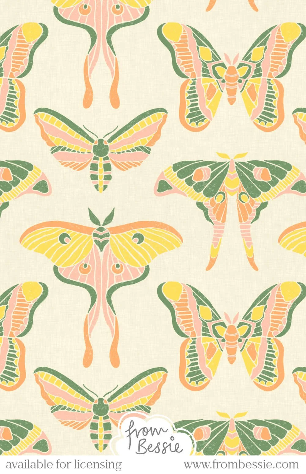 Block print moths in sunset orange, yellow & green, all vertically aligned, with rough linen texture on a cream background. Designed by Bessie Ng